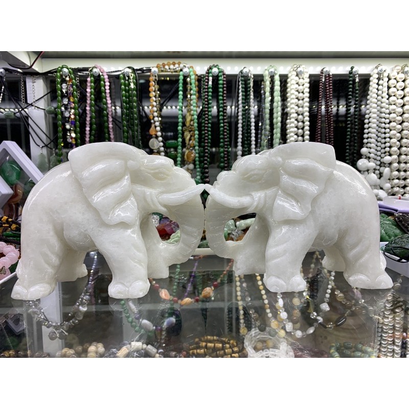 Cặp Voi Phong Thuỷ Đá Cẩm Thạch Trắng - dài 16cm