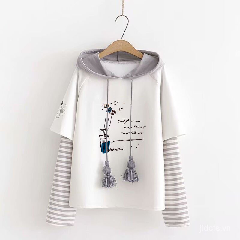 Áo sweater mỏng tay dài dáng rộng phối tua rua thời trang xuân thu phong cách Hàn Quốc cho nữ