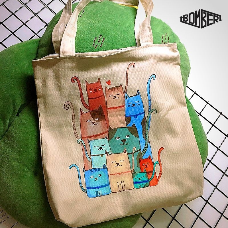 [Ảnh thật 100%] Túi Tote Canvas phối hình vẽ tay G.CATS (handmade)