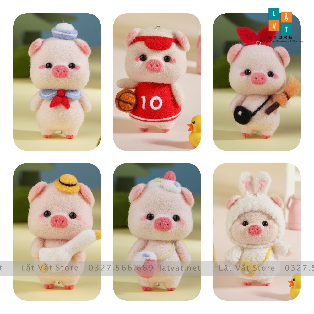 Bộ kit len chọc Gia Đình Heo Dễ Thương làm quà DIY, móc khoá từ handmade, có hướng dẫn - Needle felting Pig Familyđồ