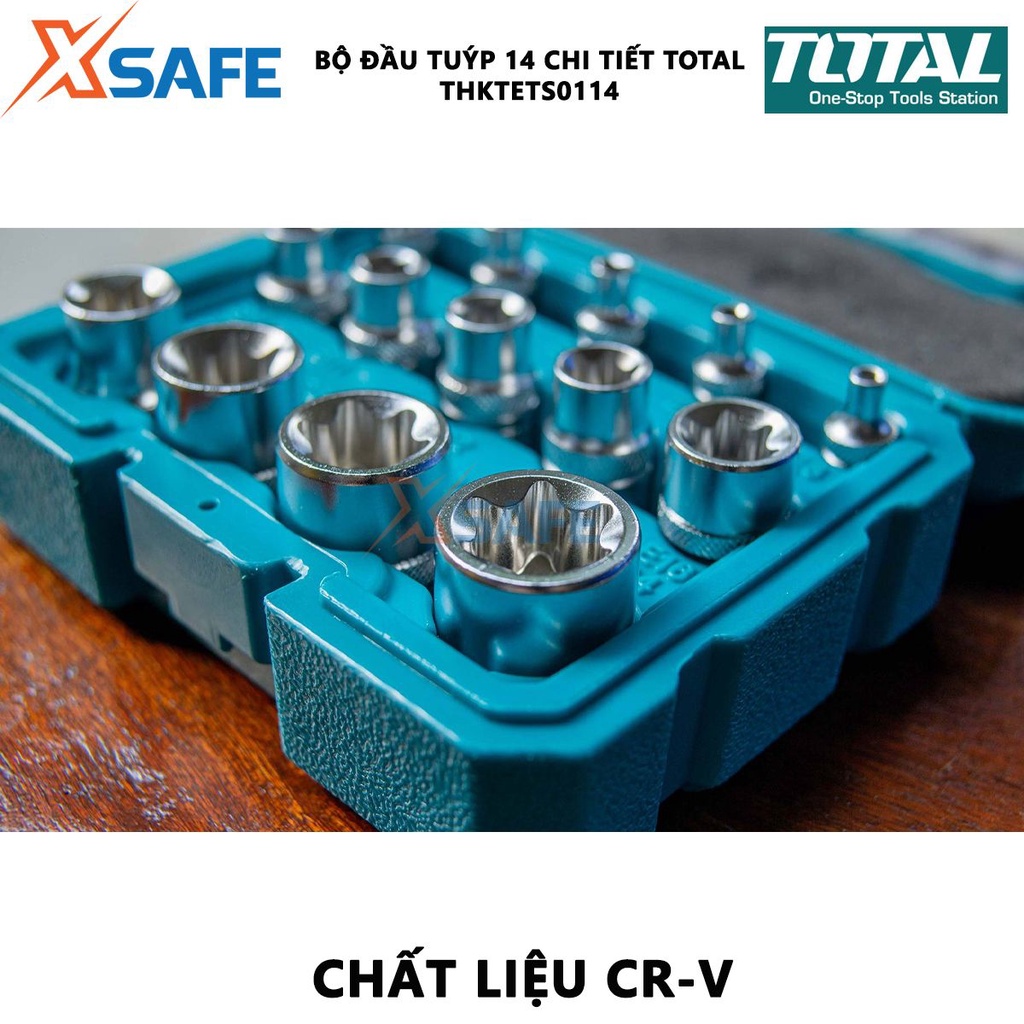 Bộ đầu tuýp 14 chi tiết TOTAL THKTETS0114 | bộ 14 tuýp loại E chất liệu CR-V (50BV30) gồm 5 đầu tuýp 1/4 inch