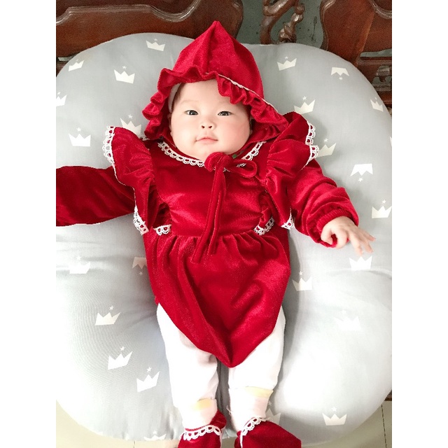 Body sơ sinh bé gái Nina Kids Boutique Đồ em bé Đầy tháng Noel Tết Chất nhung Màu đỏ đô Size 0m 24m Kèm mũ và giày vải