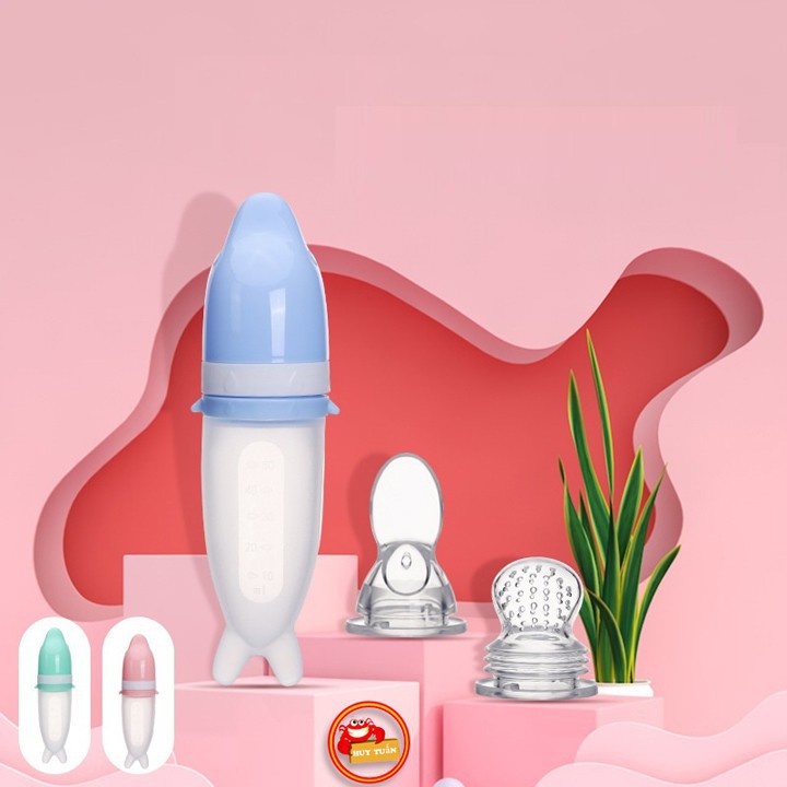 Bình thìa ăn dặm cao cấp hình cá heo silicon Vcool, Túi nhai ăn dặm cho bé