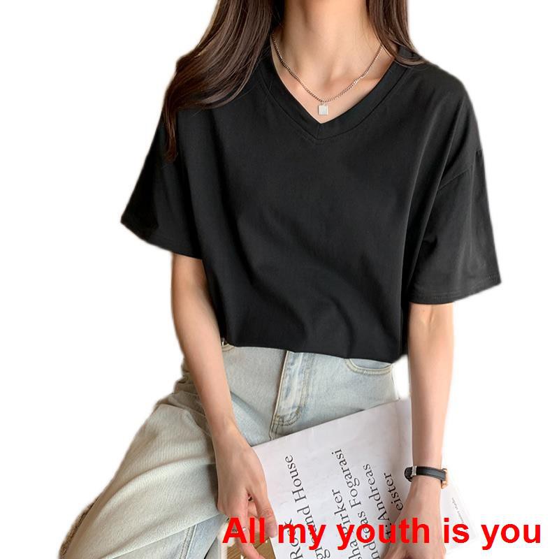 [Spot real shot 💕]Áo    Spring 2021 new black T-shirt ladies short sleeve V-neck white loose heart bottoming shirt women pure cotton top