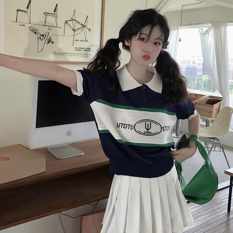 Áo polo len nữ cổ bẻ phối màu Studio hàng Quảng châu cao cấp loại 1