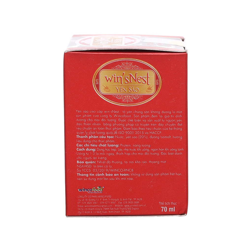 Thùng 72 lọ Yến sào win'sNest 20% tổ yến chưng sẵn không đường lọ 70ml