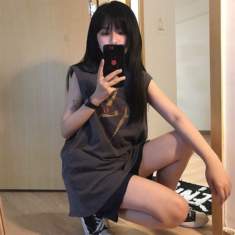 Áo Thun Thể Thao Sát Nách Form Rộng Phong Cách Đường Phố Nhật Bản Thời Trang Mùa Hè Cho Nữ