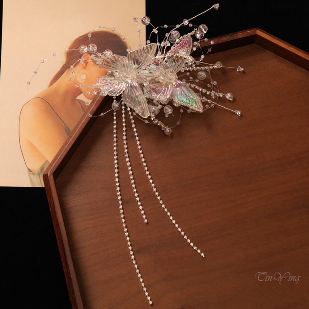 Cặp kẹp tóc GETNOIVAS lấp lánh phối tua rua trong suốt phong cách Trung Hoa