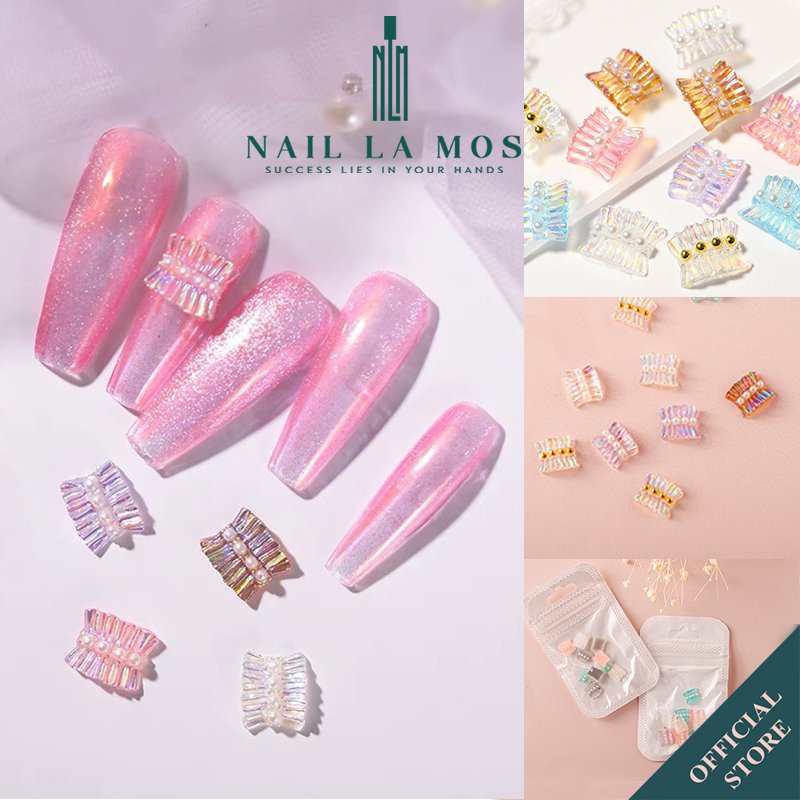 Set 20 charm nơ nhún - Charm nơ nhựa ánh cầu vồng đính hạt ngọc trai giả nhựa phong cách Hàn Nhật