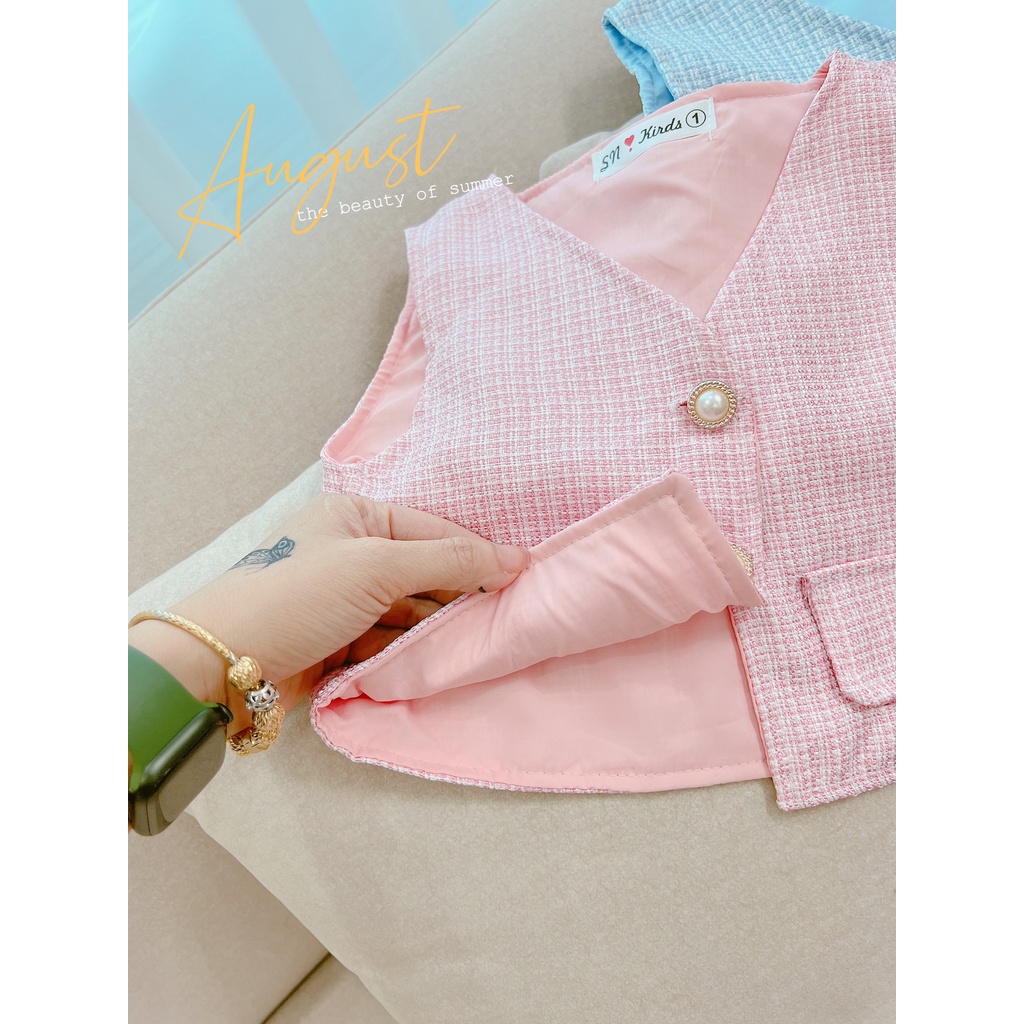 Sét váy kèm áo gile cho bé gái, Sét váy có cổ phần váy xếp ly kèm áo gile dạ vải đẹp xịn xò cho bé size 12-32kg