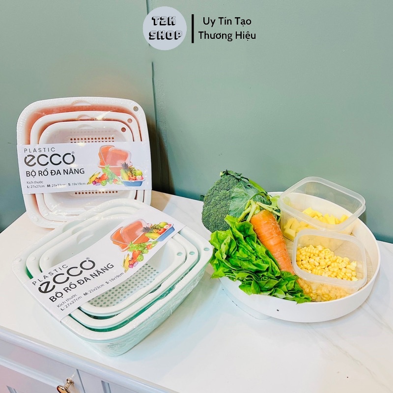 Set 6 bộ rổ kèm chậu thau nhựa rửa rau củ đựng hoa quả trái cây chất liệu nhựa nguyên sinh ECCO - T2K Shop