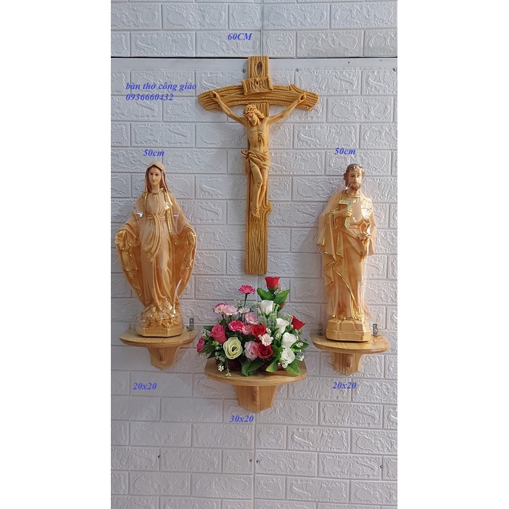 Bộ 3 kệ thờ gỗ công giáo 2 màu vàng nhạt gỗ thông hoặc nâu đậm gỗ MDF , kệ giữa size 30x20