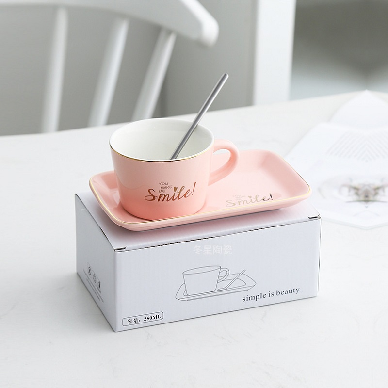 Cốc sứ kèm ĐĨA và THÌA bộ SMILE cao cấp dung tích 250ml, họa tiết SANG TRỌNG, ly sứ quà tặng thông điệp tình cảm ý nghĩa