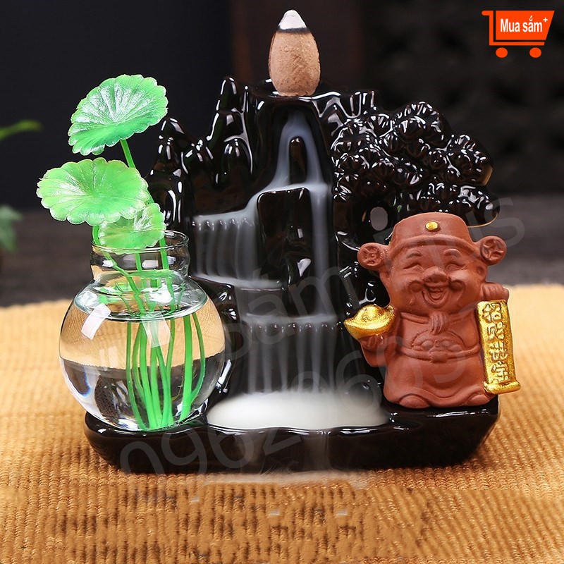 Thác Khói Trầm Hương Gốm Sứ Cao Cấp m61 - ThầnTài Bên Thác (tặng 10 nụ trầm Việt tự nhiên)
