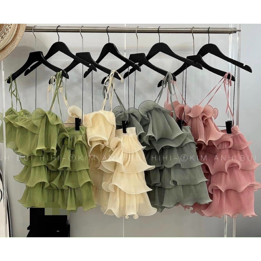 Set áo 2 dây nữ dập ly croptop viền sóng bèo tầng kèm chân váy đi biển du lịch ulzzang Hàn Quốc