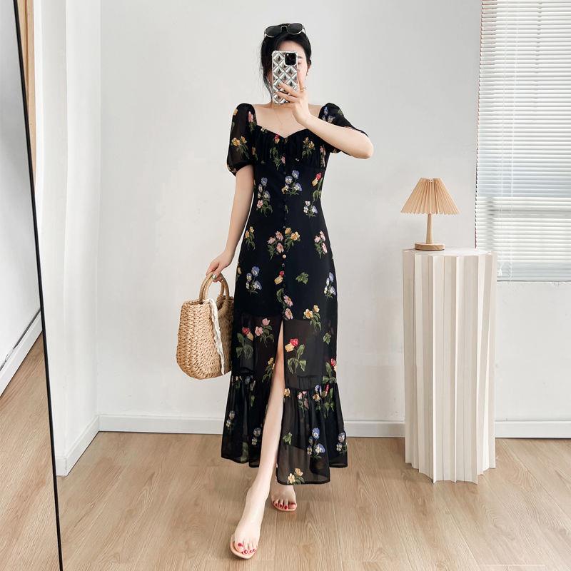 Đầm chiffon Đuôi Cá Dài Đuôi Cá Cổ Vuông Tay Ngắn In Họa Tiết Cổ Điển Thời Trang Mùa Hè Hàng Mới 2022 Dành Cho Bạn Nữ