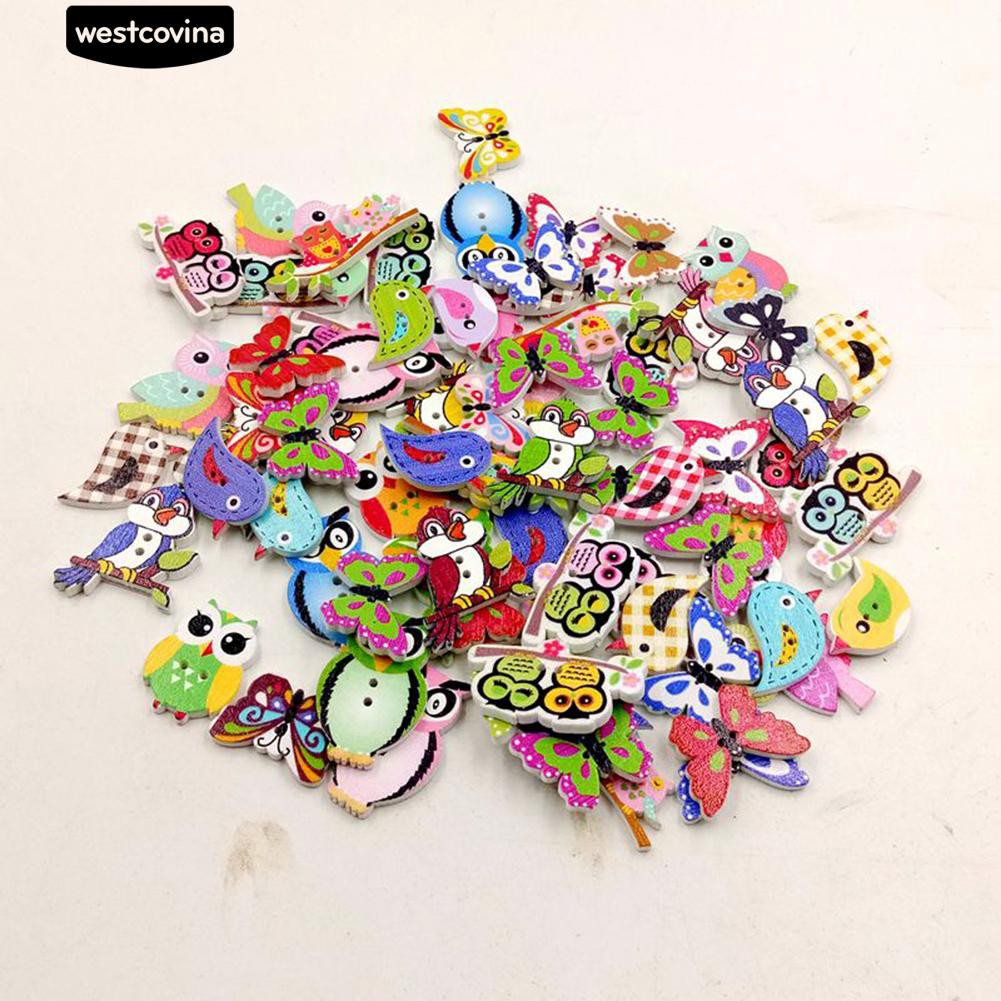 Set 50 Nút Gỗ 2 Lỗ Hình Động Vật Hoạt Hình Tự Khâu Sáng Tạo