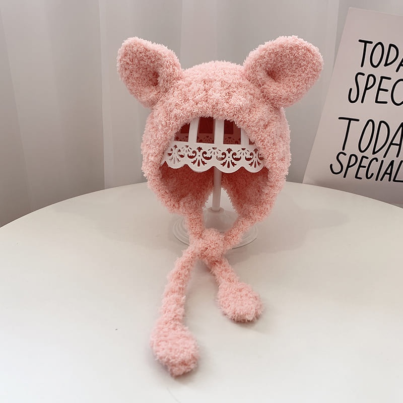 Nón Beanie Vải Lông Mềm Mại Hình Tai Thỏ Đáng Yêu Thời Trang Mùa Đông Cho Bé