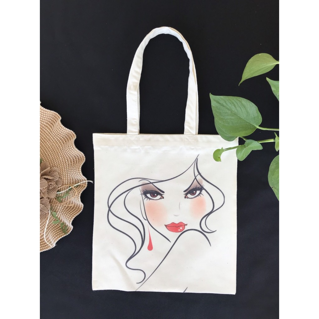[CÓ KHÓA KÉO] Túi vải canvas màu trắng hình cô gái