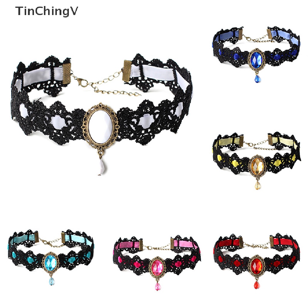 Vòng Cổ Choker Dây Nhung Đen Đính Đá Pha Lê Phong Cách Gothic Cổ Điển