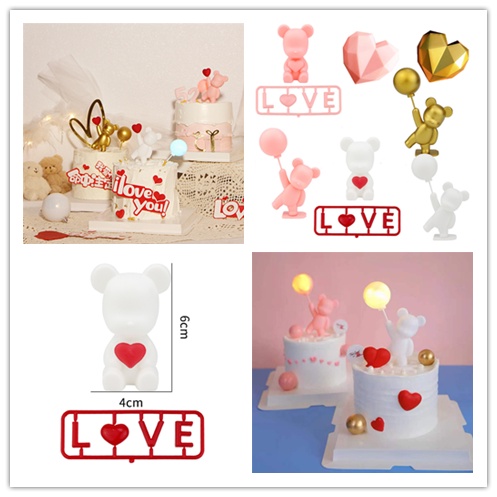 Cod Qipin Que Gắn Bánh Kem Hình Gấu Tích Hợp Đèn LED Trang Trí Bánh Sinh Nhật Tình Nhân Lãng Mạn Cho Cặp Đôi
