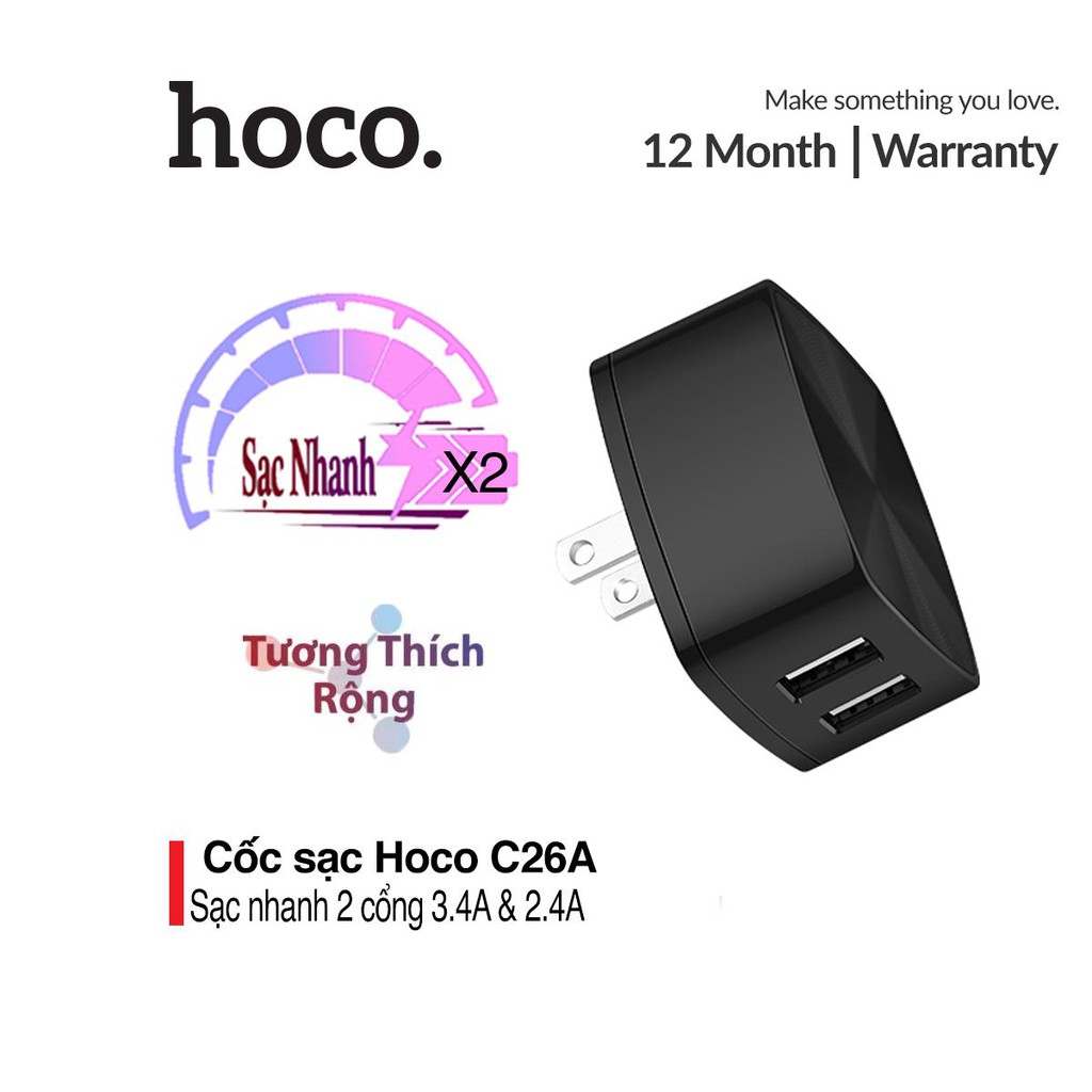 Cốc sạc 2 cổng Hoco C26A sạc nhanh 2.4A