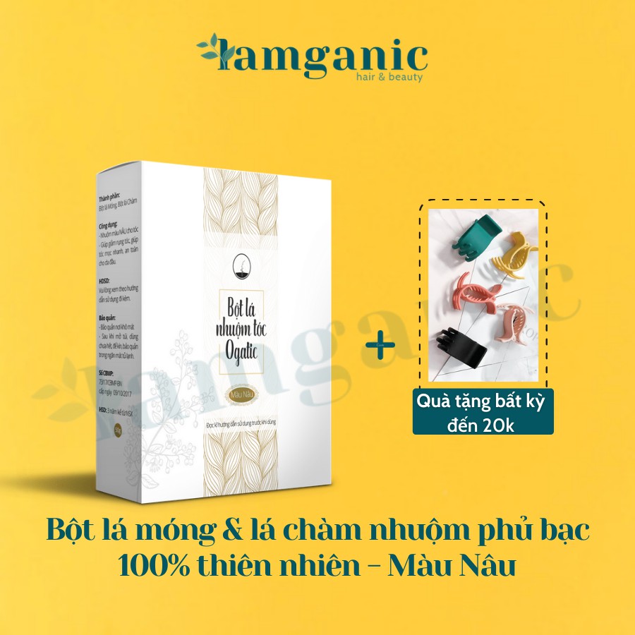 Bột lá nhuộm tóc Ogatic phủ bạc Màu Nâu - Làm từ bột lá móng và lá chàm - Không hóa chất - An toàn cho da đầu