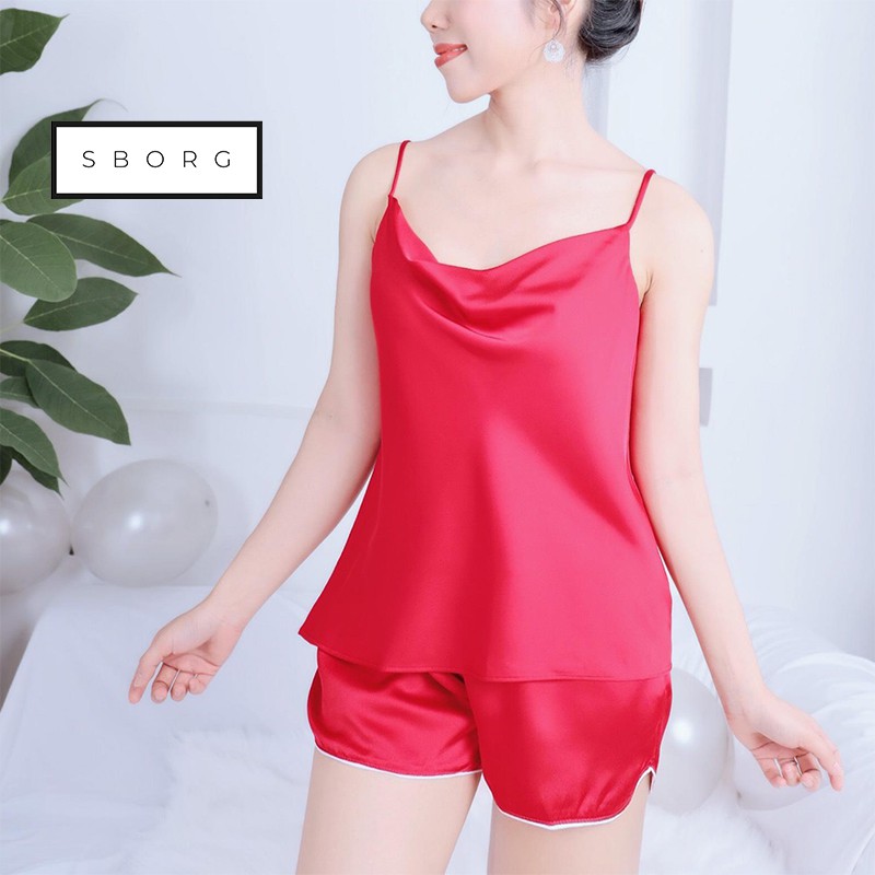 Đồ ngủ 2 dây SBORG cổ đổ sexy, bộ ngủ lụa satin cao cấp mặc nhà mềm mai de thương 45-65kg quà tặng vợ