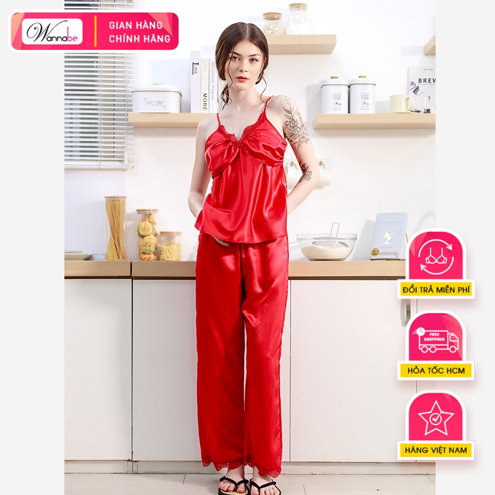 Đồ bộ mặc nhà phi lụa cao cấp Wannabe, bộ dài BDS38 áo hai dây quần dài nữ tính trẻ trung
