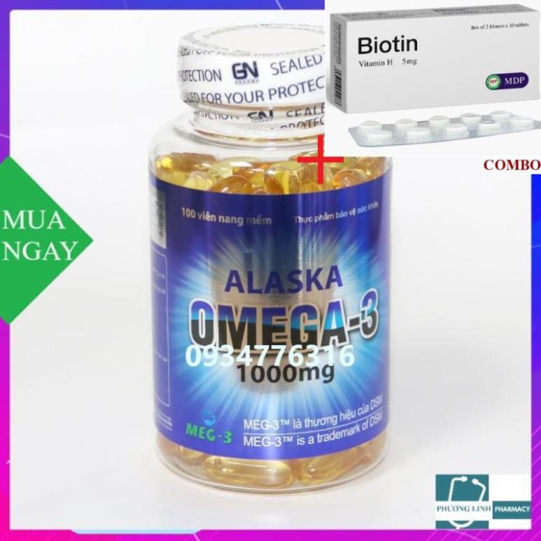 Combo Biotin 5mg+ Alaska Omega 3 tăng cường thị lực - lọ 100 viên