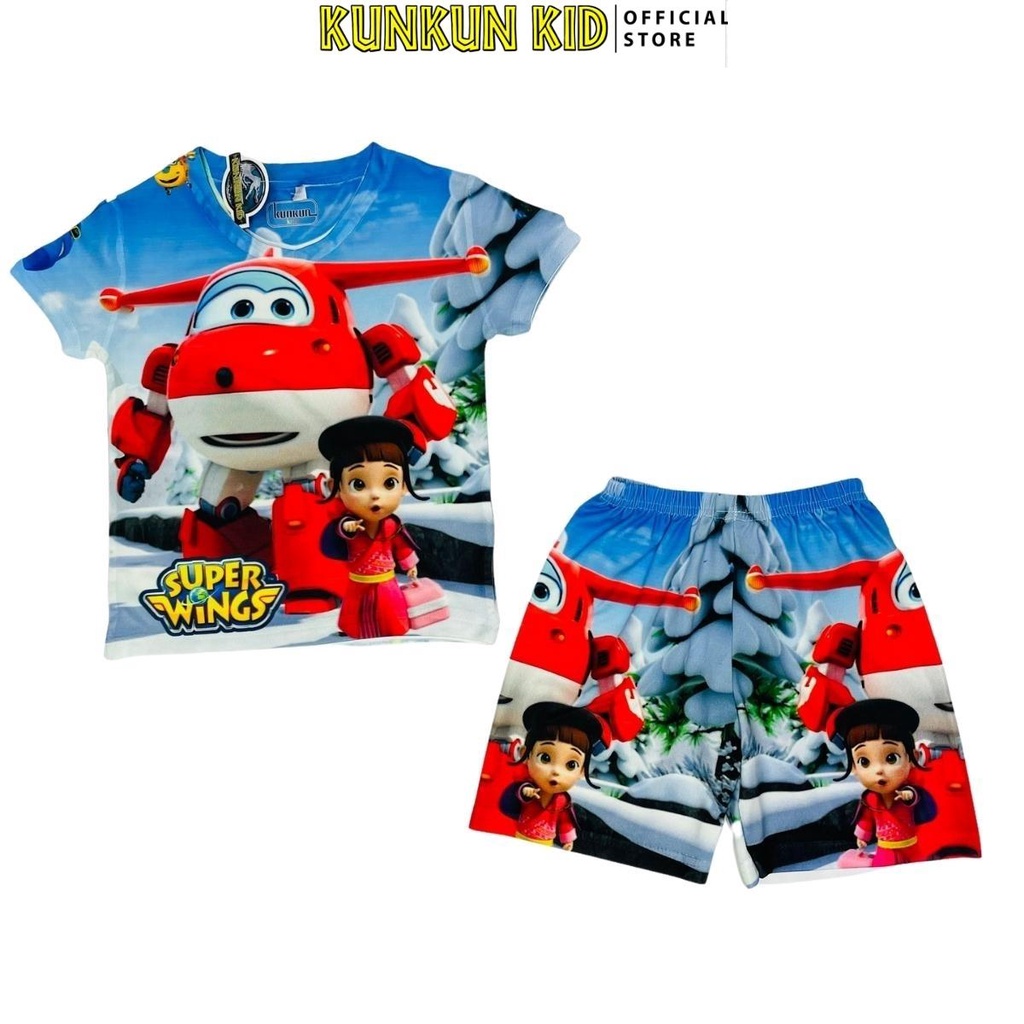 Đồ bộ bé trai chất Thun lạnh ngắn tay in 3d hình super wings Kunkun Kid TP370