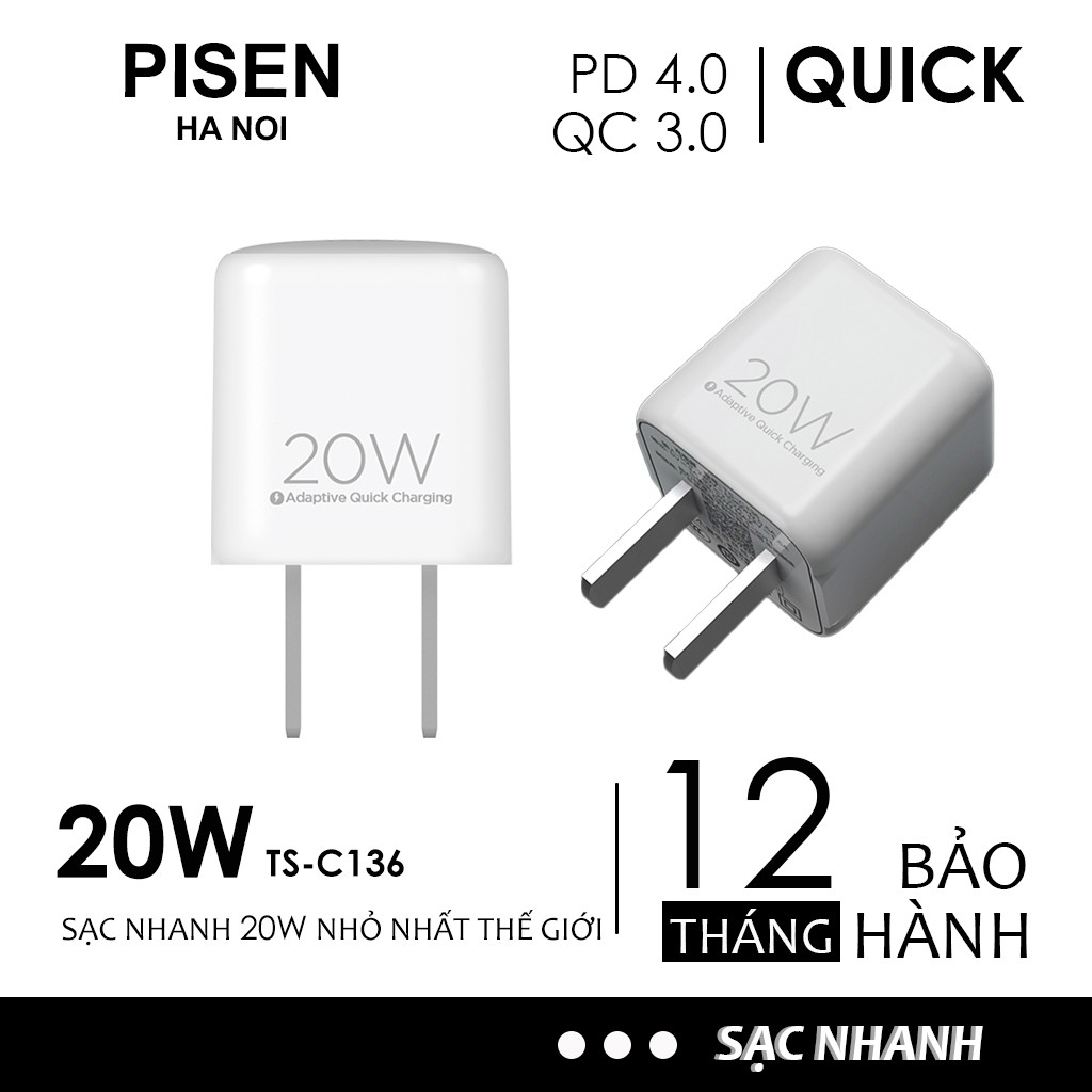 Củ sạc nhanh iphone 12 PISEN QUICK Teeny PD 20W TS-C136 Chính Hãng