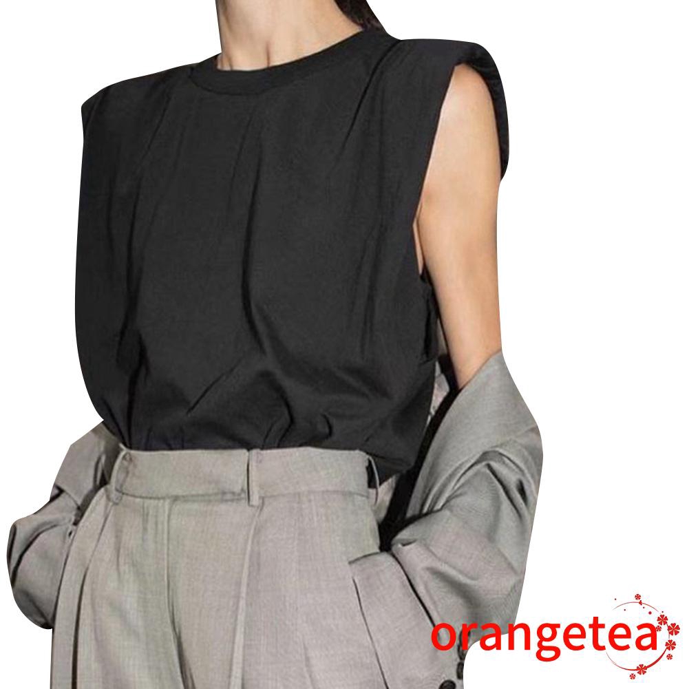 ➤♕❀❤Women Padded Shoulder T-shirts Sleeveless Solid Color Round Neck Top Casual Style Pullover