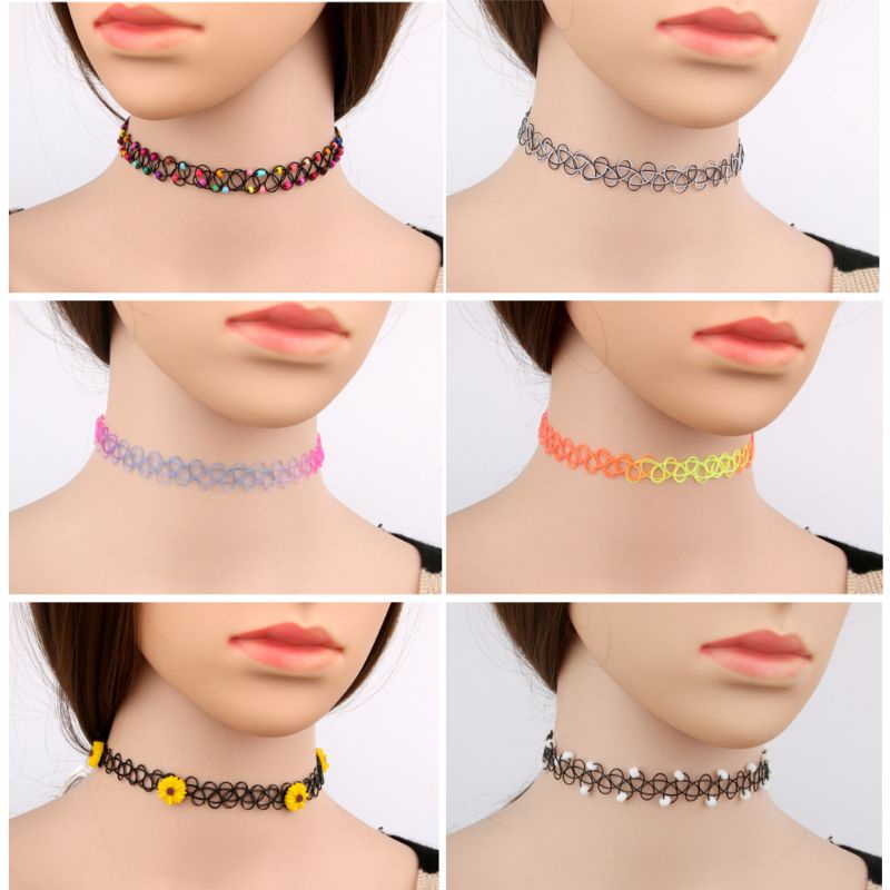 Set 12 Vòng Cổ Choker Co Giãn Hình Xăm Màu Cầu Vồng Thanh Lịch