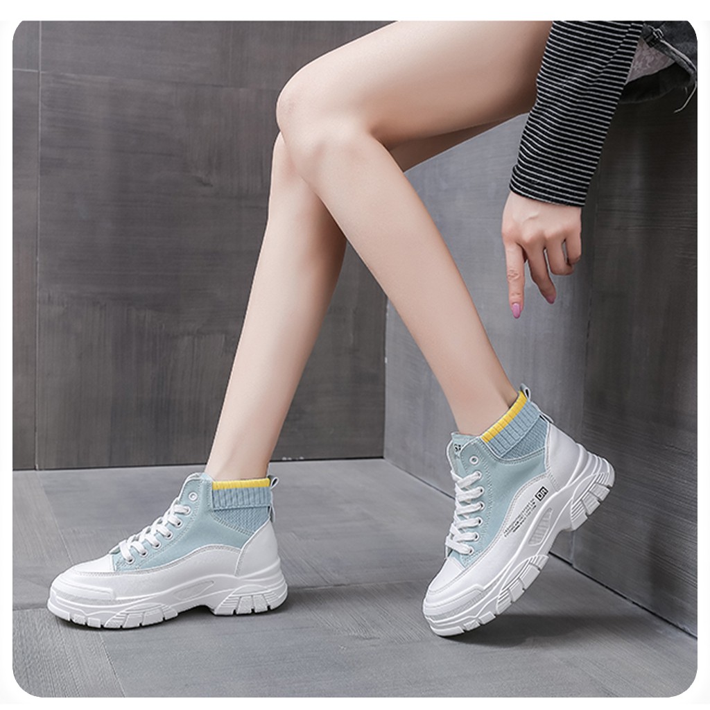 Giày thể thao giày sneaker nữ cao cổ H59 màu trắng xanh boost nữ