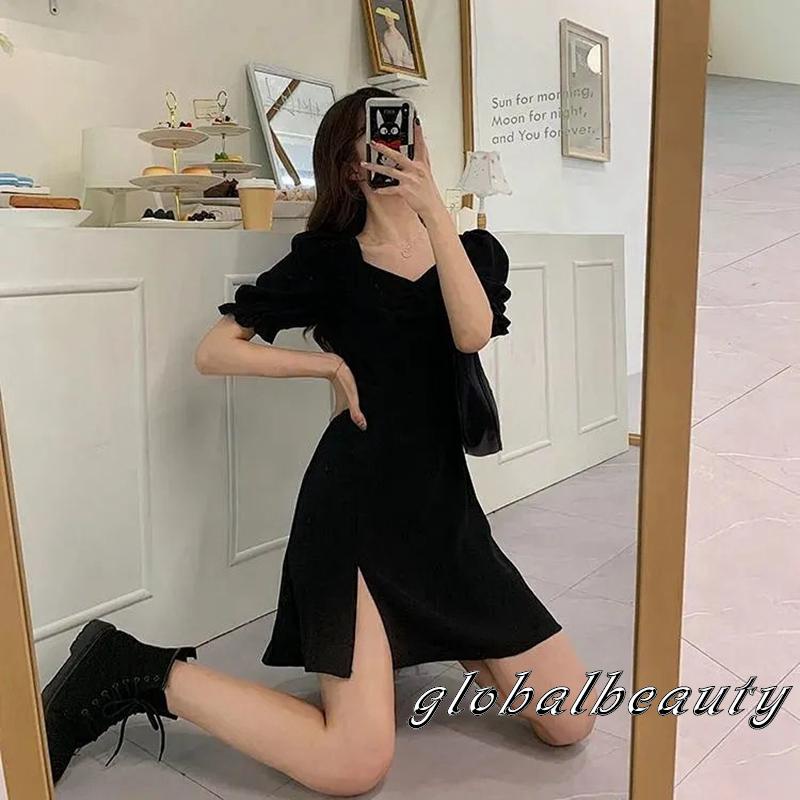 Đầm Chữ A Tay Phồng Ngắn Cổ Chữ V Màu Trơn Thời Trang Mùa Hè Cho Nữ Đen