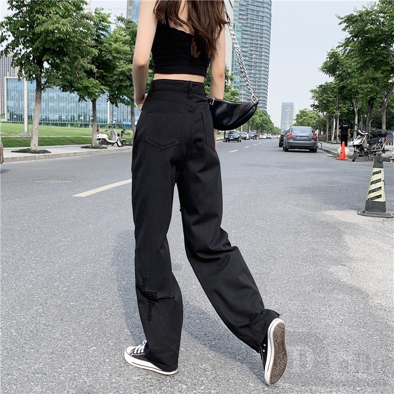 Daduhey Quần dài jeans kiểu dáng rách gối thời trang cho nữ