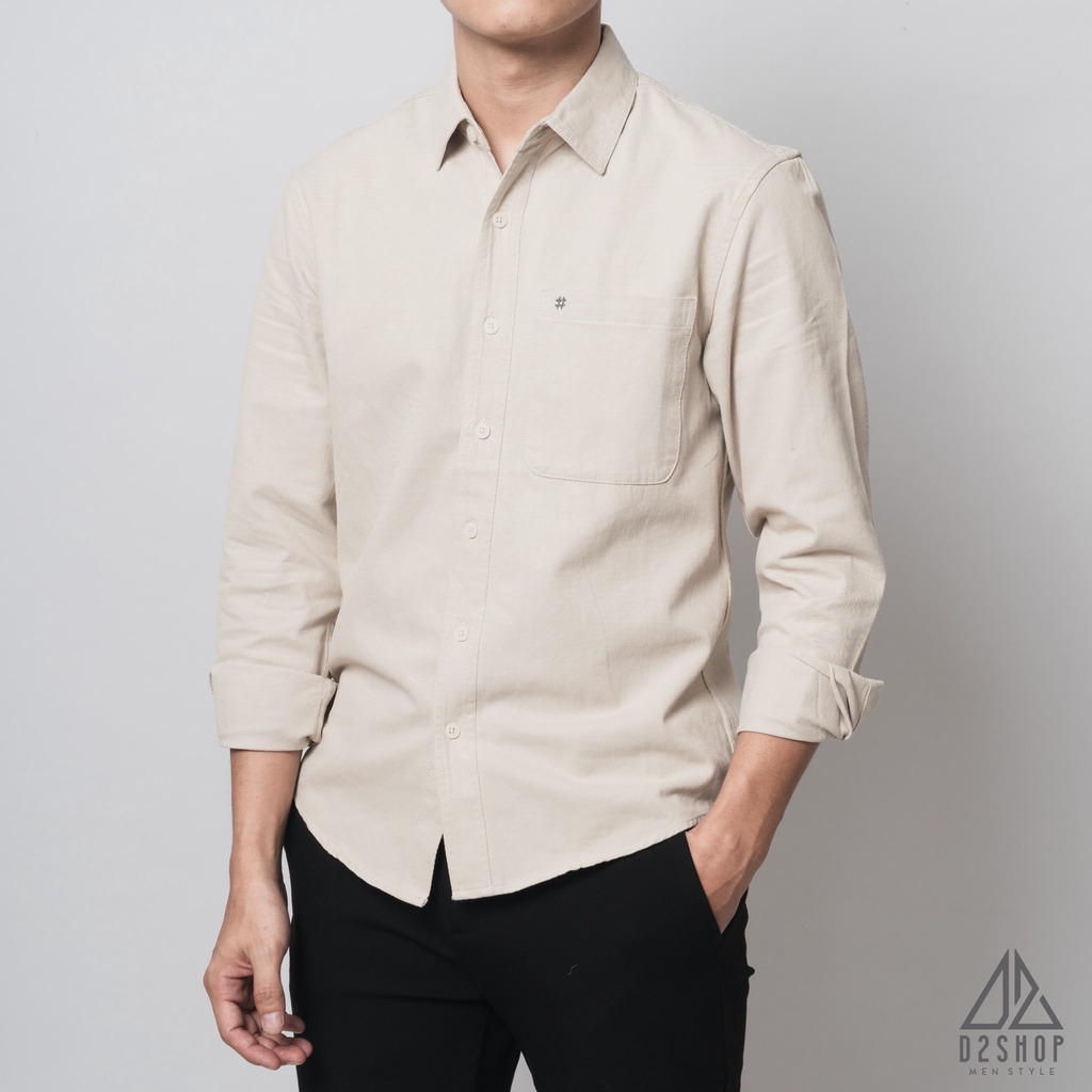 Áo sơ mi nam D2shop, áo sơ mi nam dài tay, vải xéo dày, đắp túi #, màu ivory