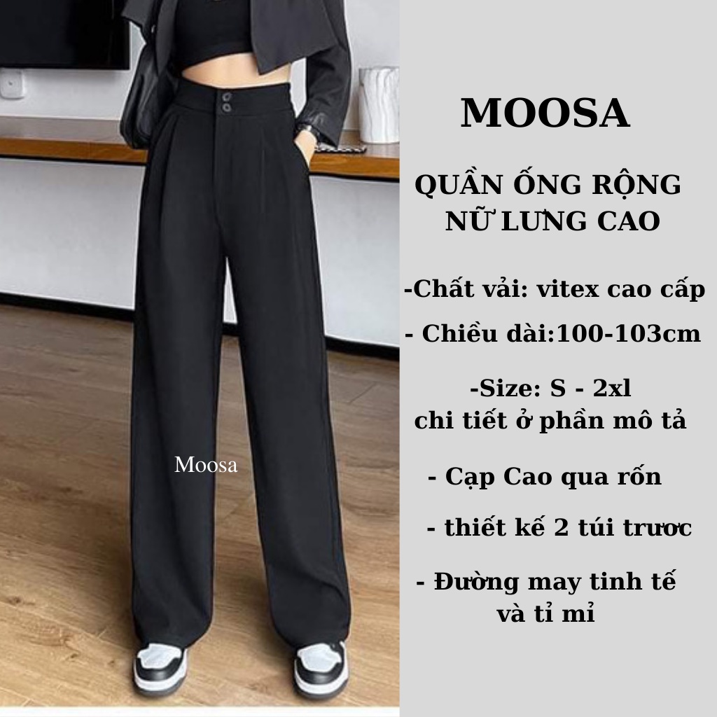 Quần Ống Rộng Nữ Lưng Cao 2 Cúc Moosa, Quần Ống Suông Trắng Dáng Dài Đi Làm,Học