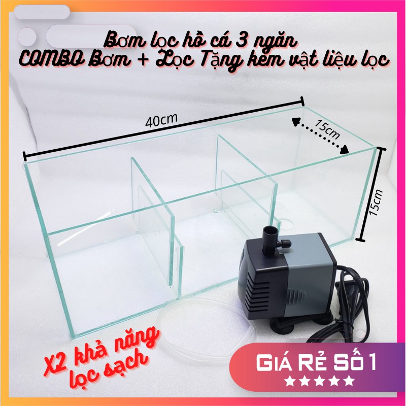 Bơm lọc hồ cá 3 ngăn COMBO Bơm + Lọc Tặng kèm vật liệu lọc