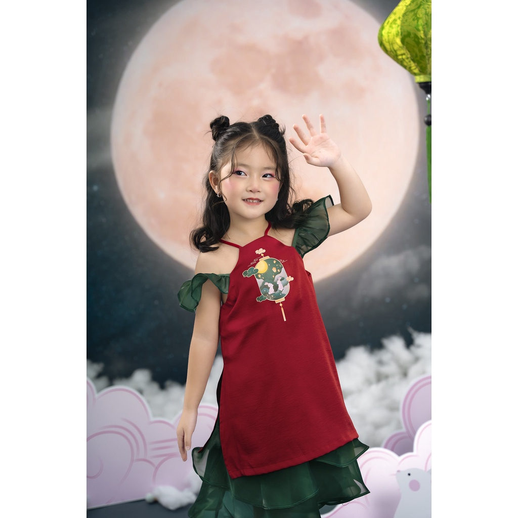 Váy trung thu cổ yếm bé gái ILABY in ngực tay cánh tiên chất liệu tơ lụa mềm mại cho bé 10-35kg
