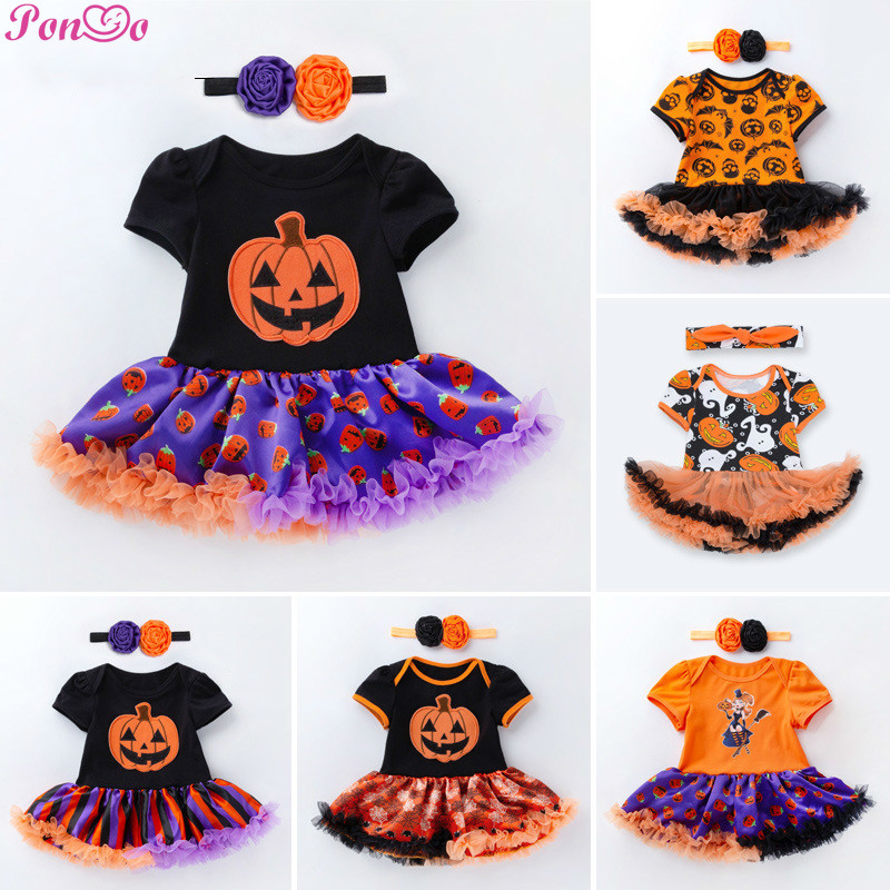 Bộ Trang Phục Hóa Trang Halloween Gồm Đầm Và Băng Cài Đầu Họa Tiết Bí Ngô Hoạt Hình Cho Bé Gái 0-2 Tuổi