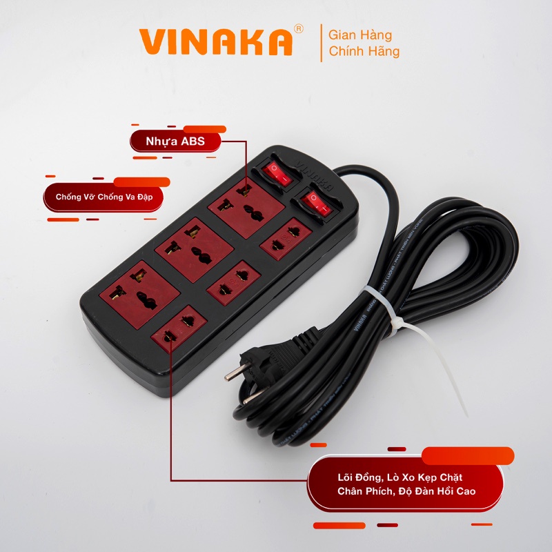 Ổ cắm điện 6 lỗ VINAKA cao cấp chịu tải 2500W tích hợp 2 công tắc M6D