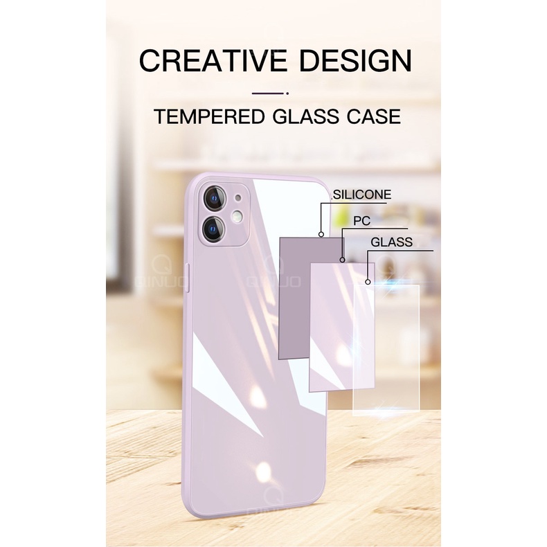 Square Tempered Glass Phone Case for iPhone 12 Mini 11 Pro Max SE 2 X XR XS Max 8 7 Plus 12 Pro Anti-knock Liquid Silicone Cover