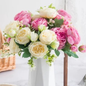 Bó hoa hồng Juliet lụa cao cấp 5 bông 4 nụ kèm quả điểm trang trí phòng khách, cửa hàng siêu đẹp  Flowermini HH-504