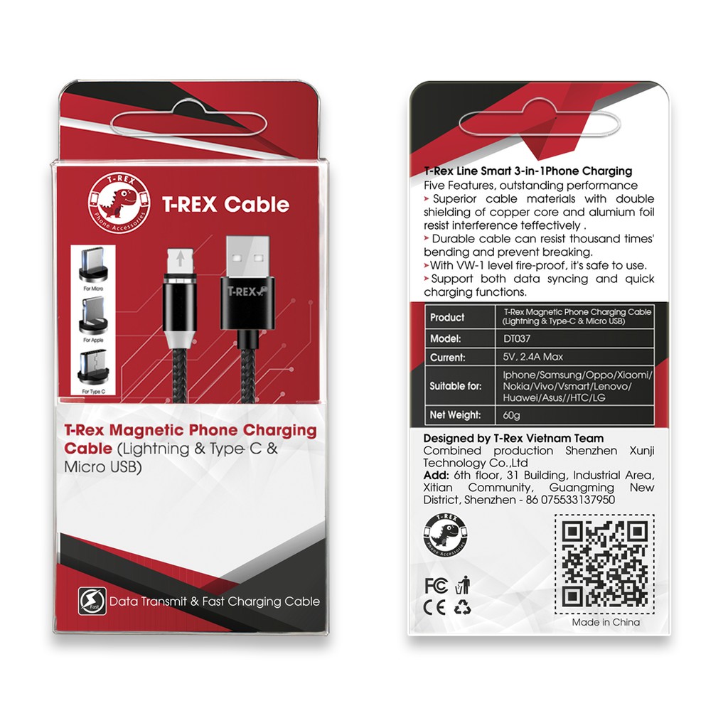 Dây Cáp Sạc Từ Tính Nam Châm T-rex Magnetic Charging 3 In 1