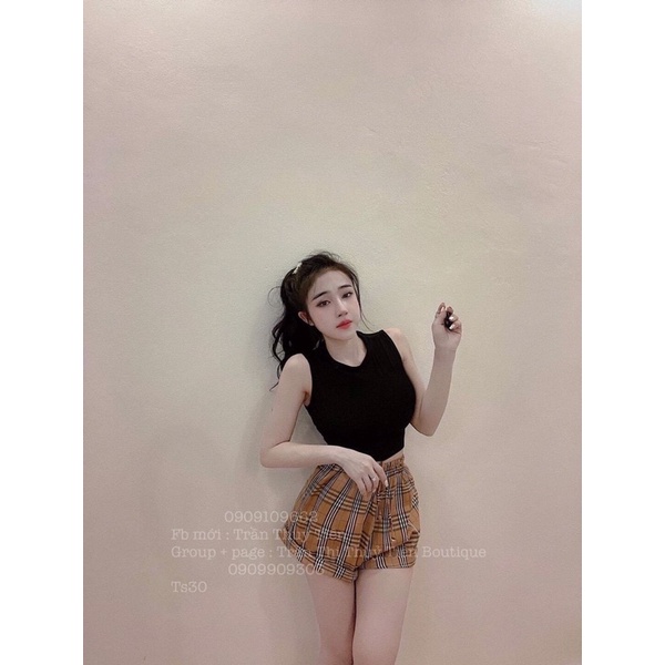 Set áo croptop ôm kết hợp quần kẻ BBR ảnh thật trải sàn