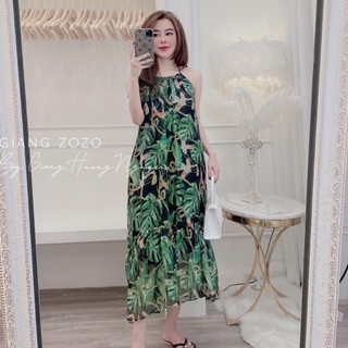đầm maxi đi biển 2 dây lá dừa đuôi cá chất voan lụa