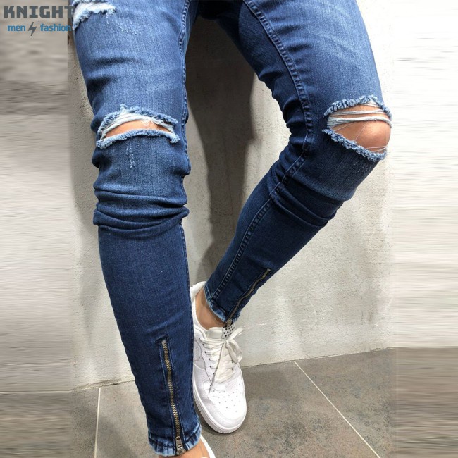 Men Jeans Denim Pencil Pants Zipper Shredded Trousers Blue Casual Dark Straight Fashion