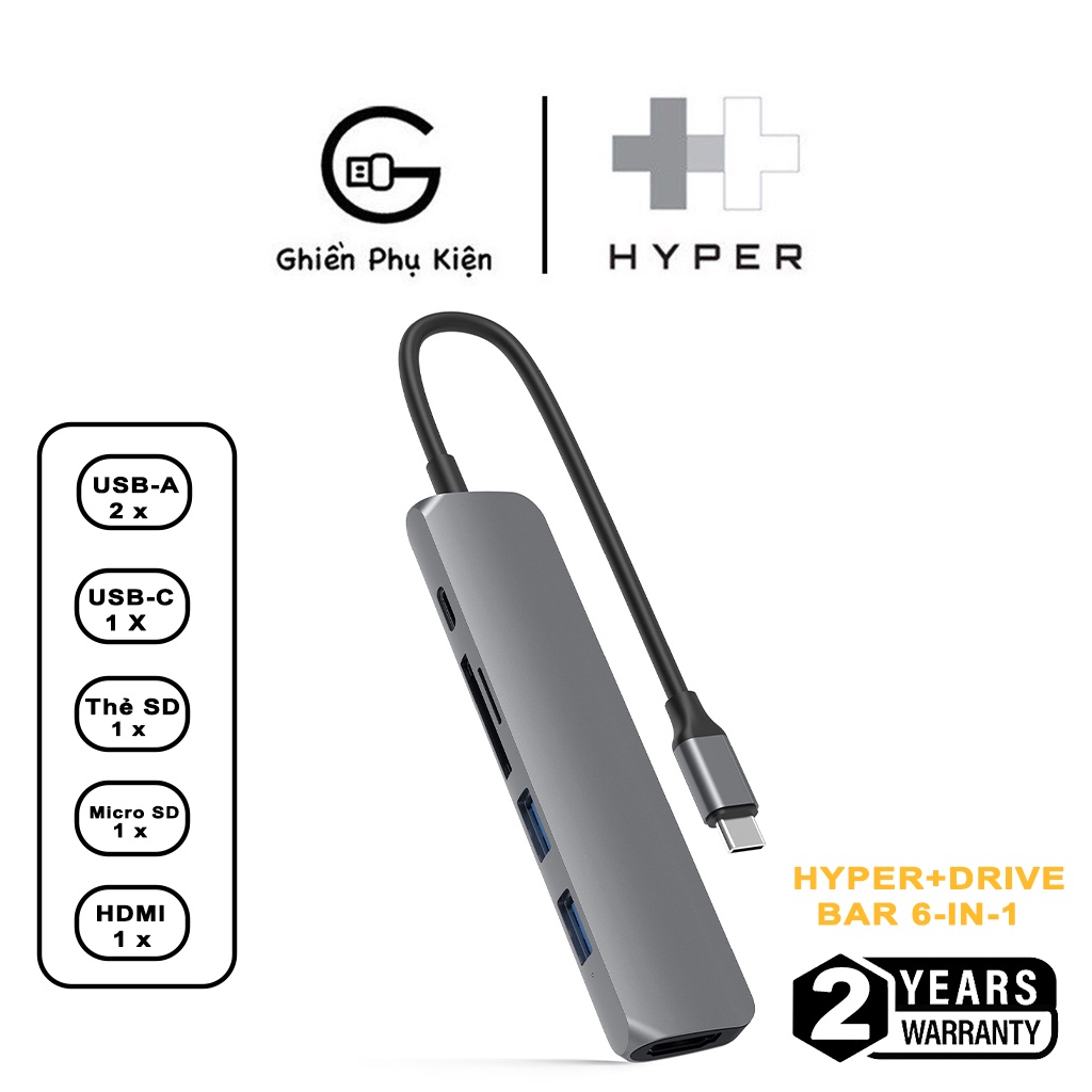 Cổng Chuyển HyperDrive USA Bar 6IN1 USBC Hub For Macbook, PC &amp; Devices HD22E